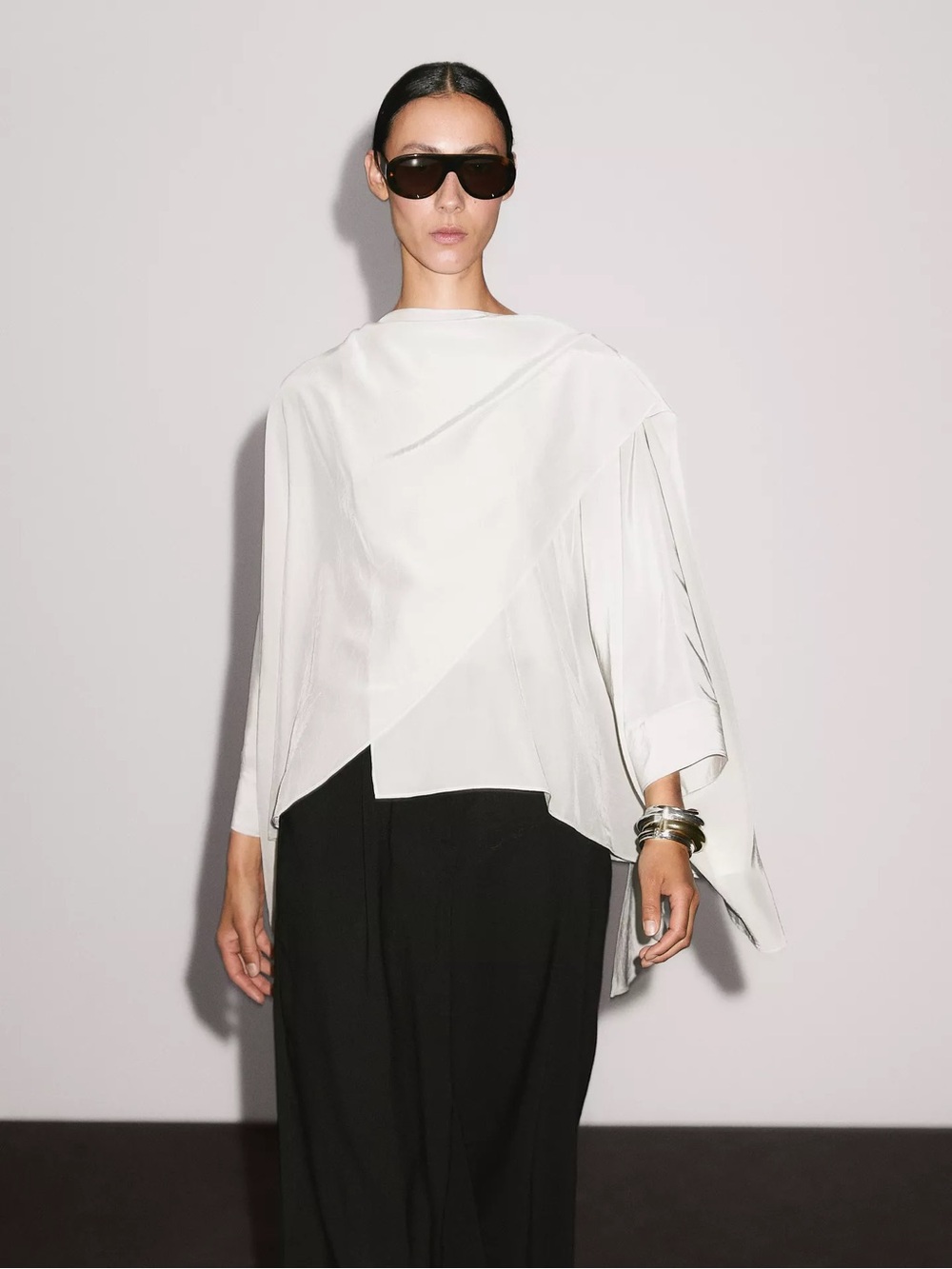 Massimo Dutti Draped Asymmetric Cream Women's Shirt Top